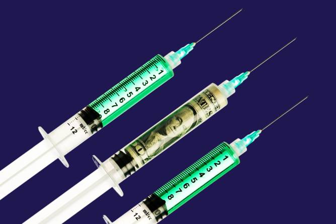 three syringes, one with a dollar inside