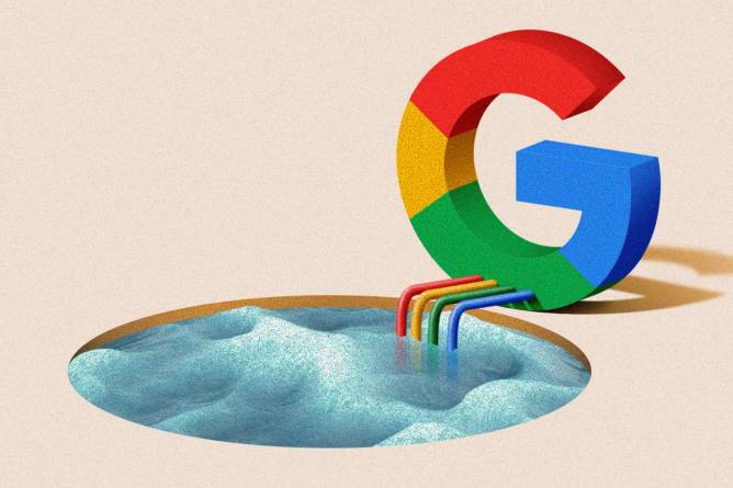 Cables attached to the Google logo and entering the water