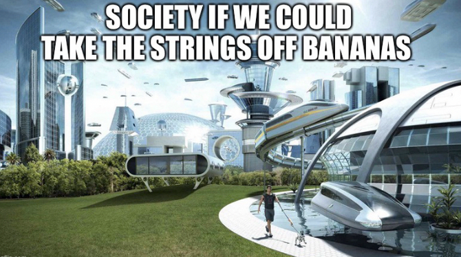 a meme of a futuristic landscape with the caption: "Society if we could take the strings off bananas"