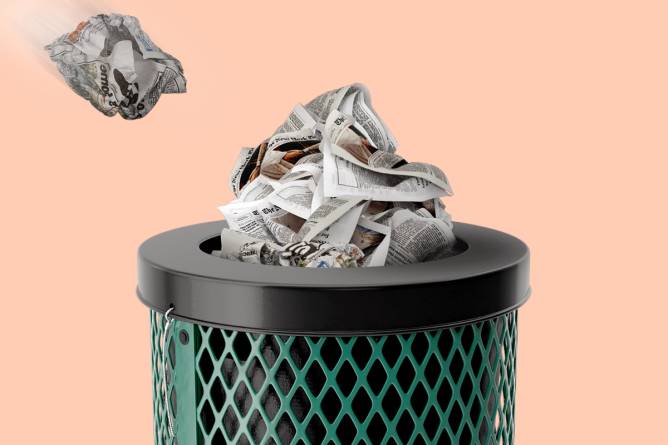 An illustration of balled up newspapers being piled into a green metal trashcan.