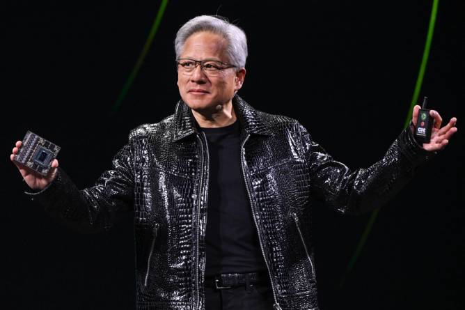 Nvidia CEO Jensen Huang presenting.