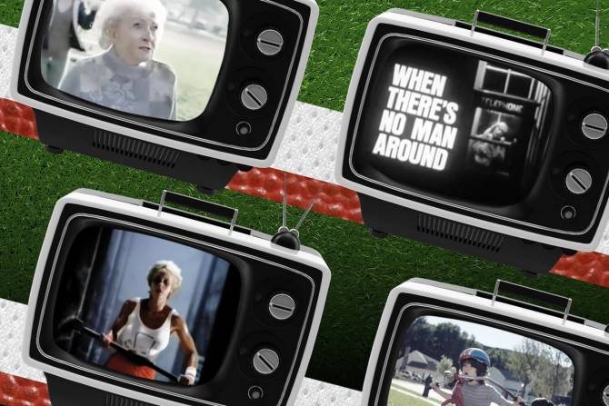 a series of images from Super Bowl ads from the following brands: Getty Images, Snickers, Goodyear, Apple, Nationwide