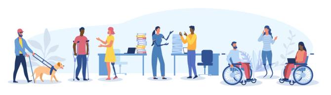 drawing of people of various disabilities, races and genders in the workplace