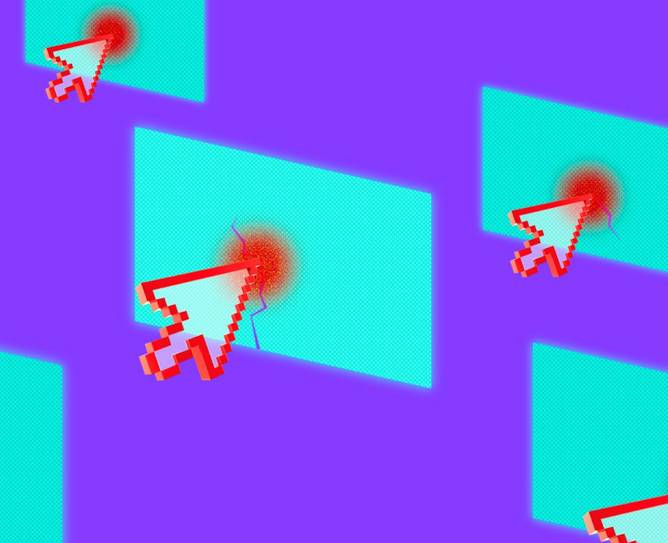 Computer screens with mouse cursors breaking through them