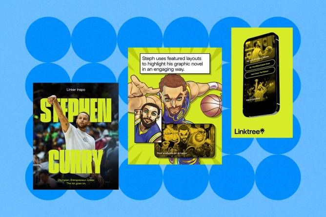 a collage of Linktree ads for Steph Curry that appeared in Times Square