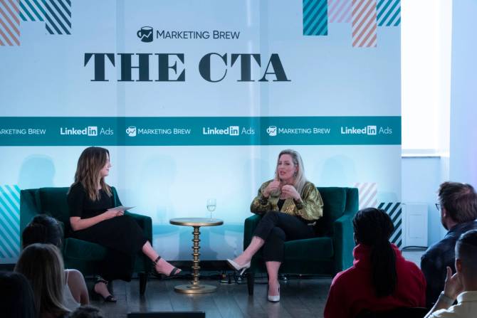 Marketing Brew reporter Katie Hicks chatting with OkCupid CMO Melissa Hobley at CTA event in NYC