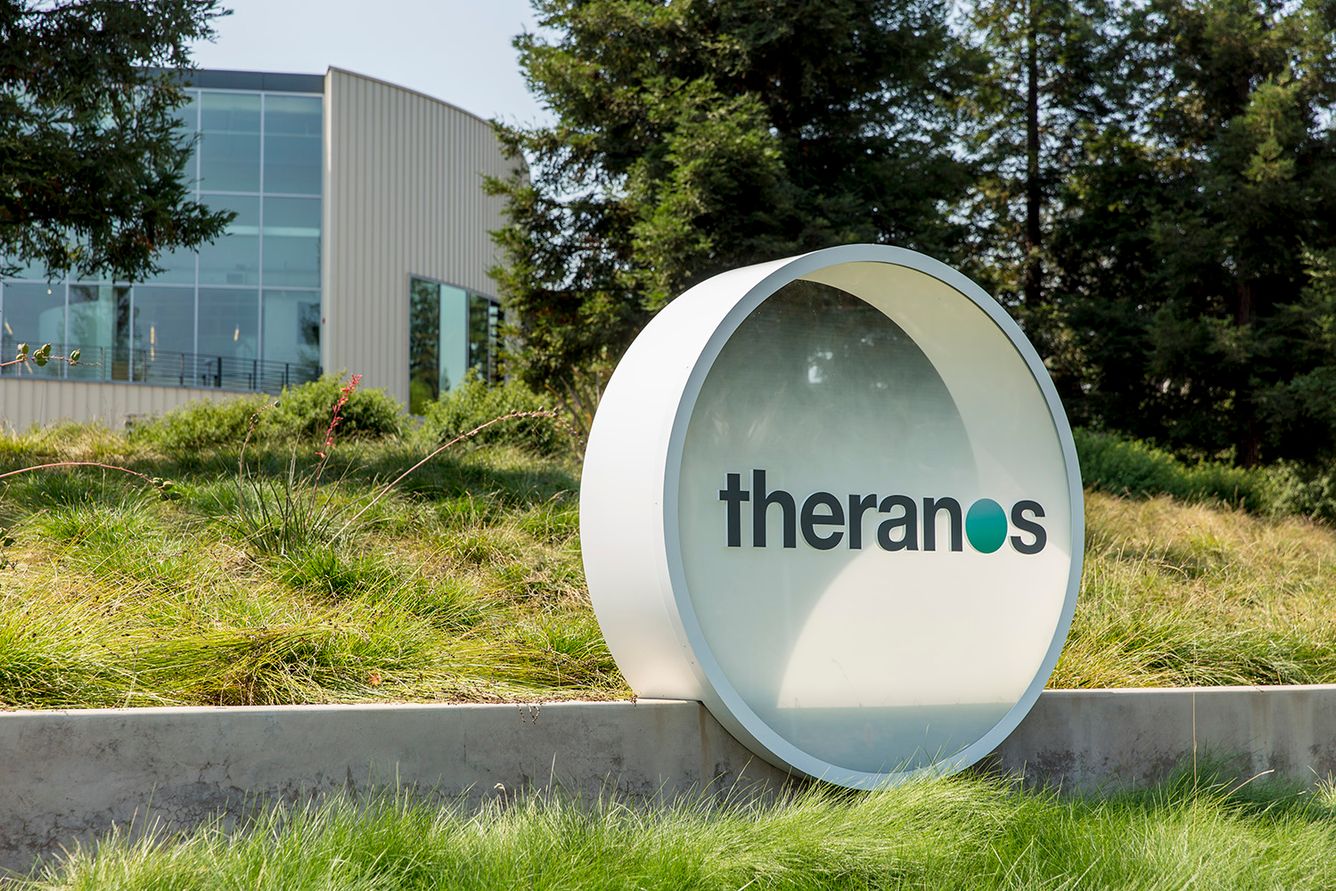 Close up of Theranos's logo at their headquarters in Palo Alto, California Silicon Valley in 2016.