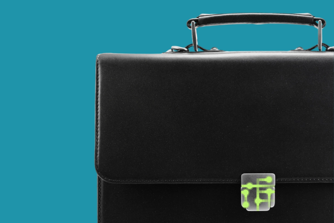 Close up of a briefcase with AI abstract connected lines displayed over the key lock.
