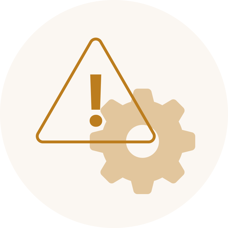 Stylized image of a warning symbol and a gear.