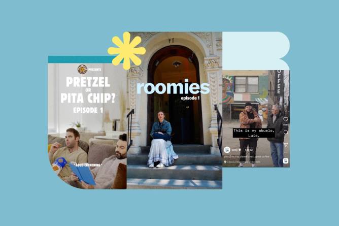 A collage of stills from content series from Bilt, Pretzelized, and Oatly