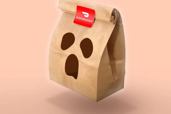 A DoorDash delivery bag with a ghostly face superimposed on it