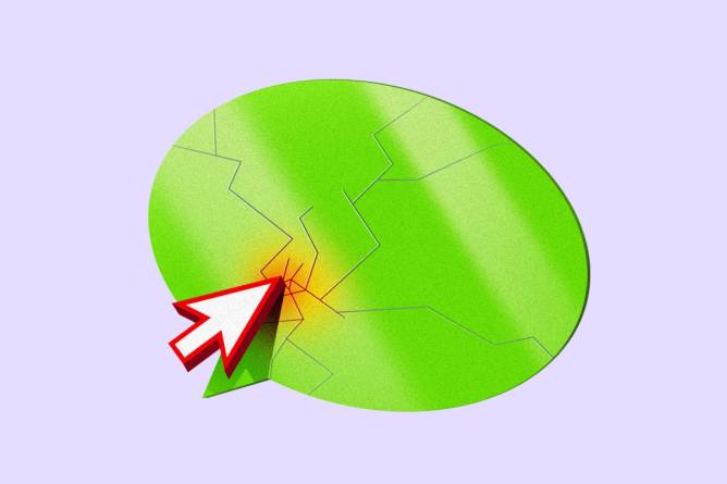 Red mouse shattering a speech bubble; signifying a cyberattack on comms