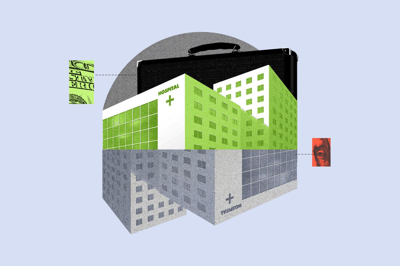 Hospital building split in half collaged with briefcase and $100 bill. Credit: Illustration: Anna Kim, Photos: Adobe Stock.