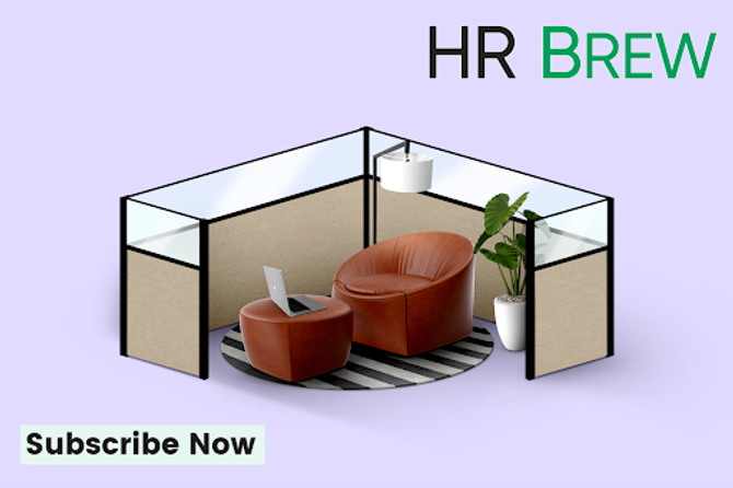 image of a cubicle against a purple background with HR Brew written in it