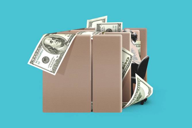 Figure in office cubicle with $100 bills stuffed in between the walls. Credit: Illustration: Anna Kim, Photos: Getty Images