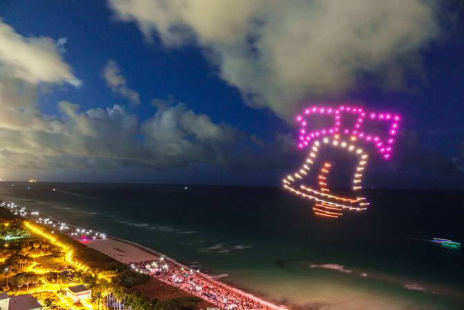 Miami Beach, Florida, Ocean Terrace, Fire on the Fourth, 4th of July Festival, drone light show featuring Liberty Bell.