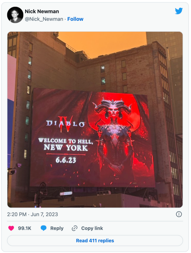 A diablo IV poster shown in NYC while smoke from Canadian wildfires blanketed the city