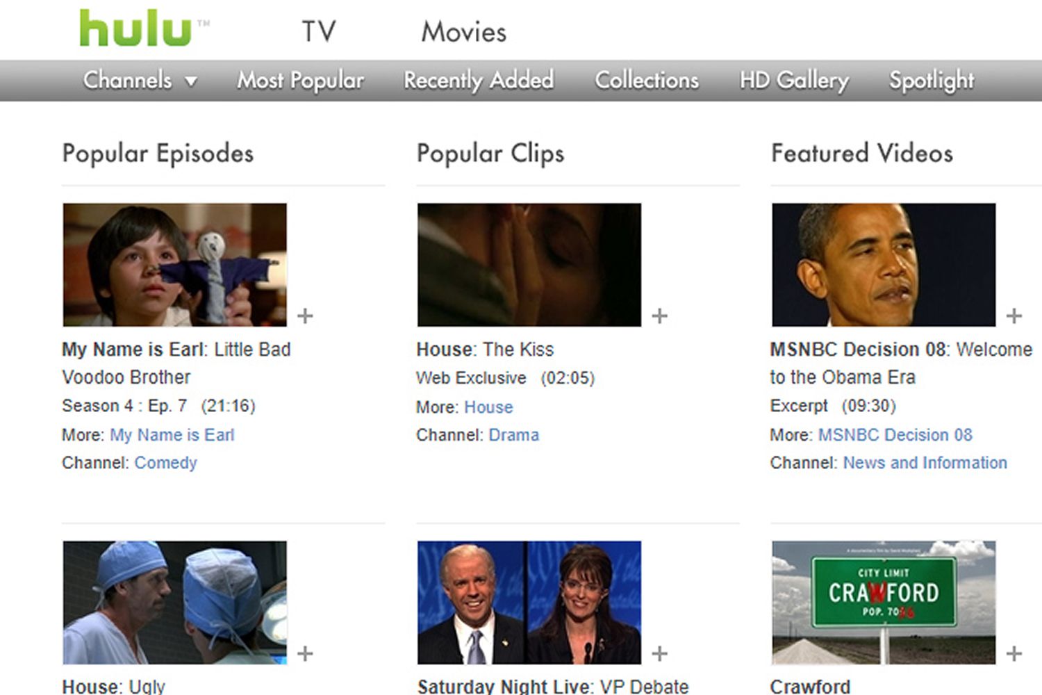 Blocky UX design, Hulu's original homepage, links to network shows House, Saturday Night Live, and My Name is Earl.