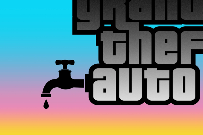 Grand Theft Auto game logo with a faucet coming out of it dripping water
