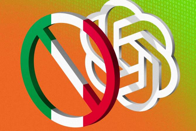 A cancel symbol in the Italian flag's colors over the OpenAI logo