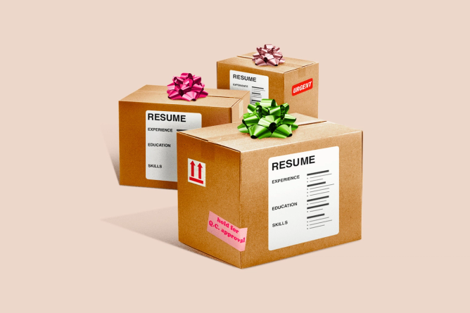 Three shipping boxes with present bows on top and resumes on the sides