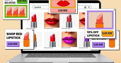 A laptop displaying a web browser showcasing different shades of lipstick with pop up ads hovering around the outside of the screen for discounted lipstick