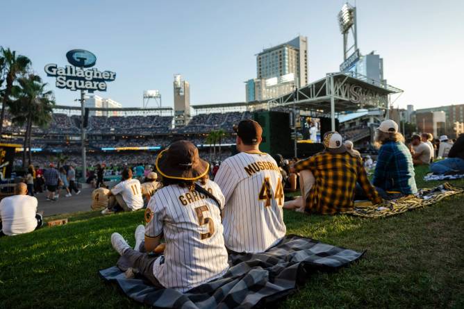 People sitting near Gallagher Square in San Diego