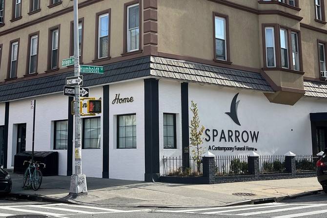 an image taken of Sparrow, a “contemporary funeral home” in Brooklyn, from the street