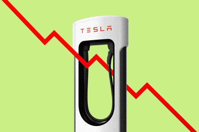 graphic of a Tesla charging station and a stock plummeting