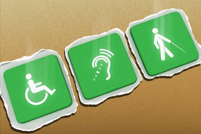 three green squares that look like computer buttons; one has an image of a wheelchair; the next an image of an ear with sound radiating; the final is a person with a white cane