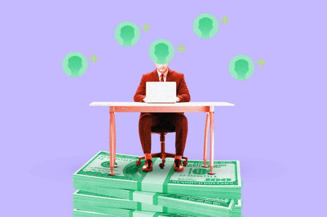 Graphic of a worker at a desk on top of a stack of money