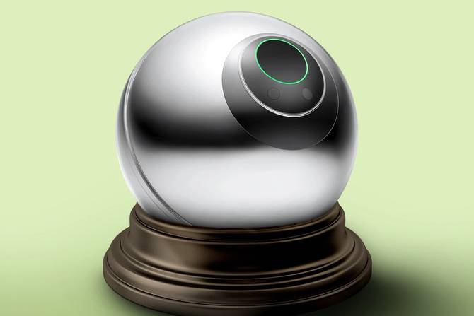 A chrome orb with an iris scanner on it sitting atop a pillar to look like a crystal ball