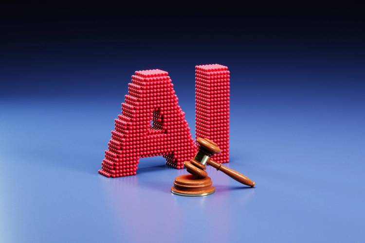 A gavel in front of the text "AI" graphic