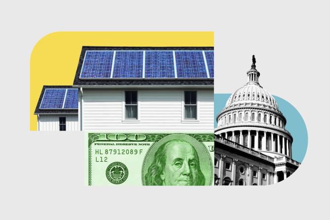 A house with solar panels on the roof over $100 bill next to the US capital building