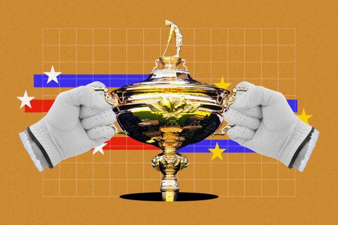 Illustration of two golf gloves holding up the ryder cup trophy