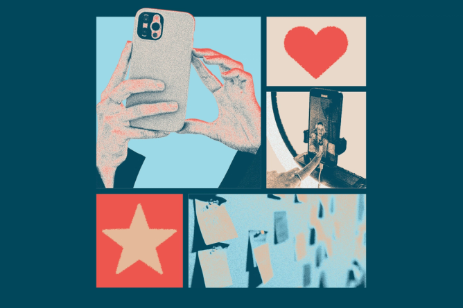 Two hands holding a smart phone next to a heart, a star, and a wall full of post-it notes