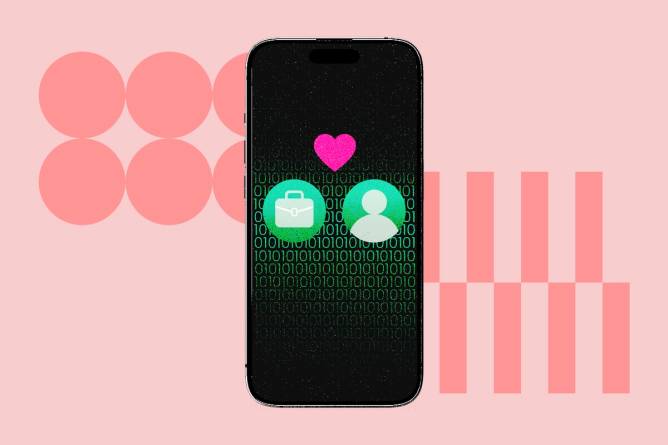 Phone displaying heart icon above briefcase and profile icon with binary code.