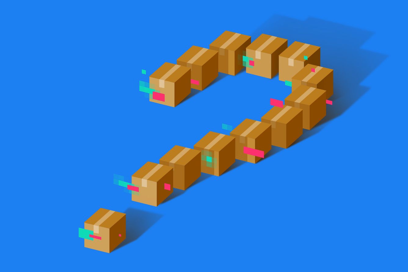 Shipping boxes arranged in the shape of a large question mark, with floating AI elements surrounding it. 