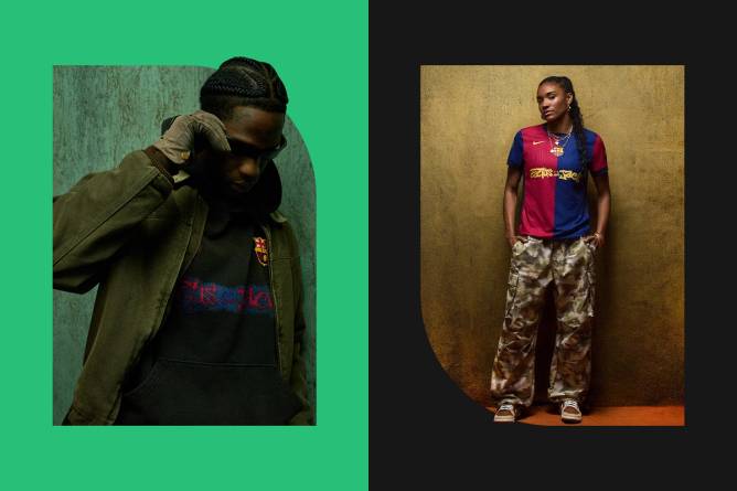 Side by side photo collage of Spotify's partnership with FC Barcelona featuring Travis Scott.