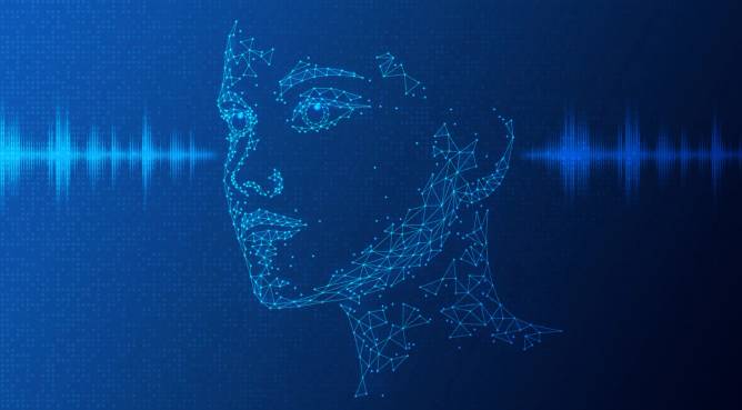 Image of a robotic looking face with sound waves going through the ears