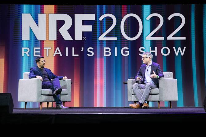 Chewy CEO Sumit Singh and Bob Safian, host of Masters of Scale, on stage at NRF 2022