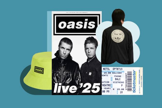 An image of Oasis along with Adidas merch and a ticket. 