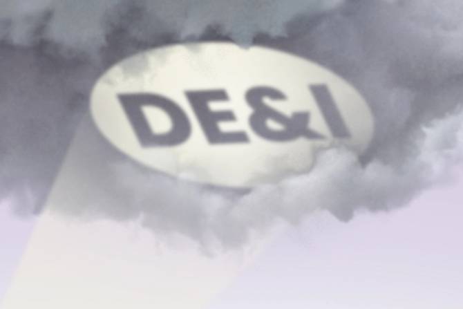 DE&I text in clouds with spotlight