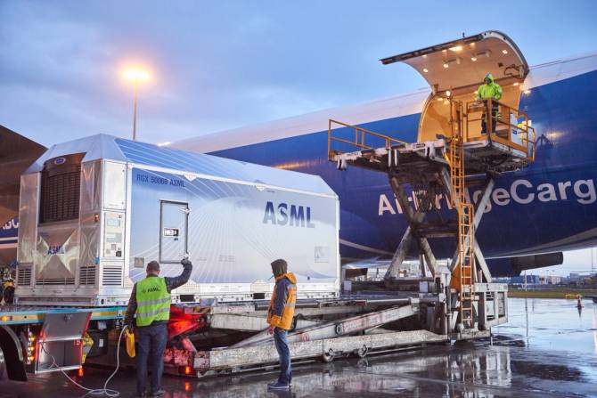 ASML chip-making equipment is loaded onto a plane