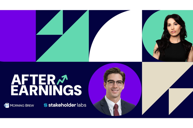 A graphic with purple, blue, white, and green geometric shapes features a portrait of Katie Perry and another of Austin Hankwitz. A white logo reads "After Earnings," and two smaller logos underneath read "Morning Brew" and "Stakeholder Labs."