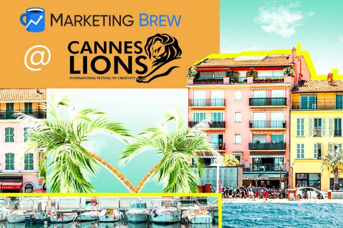 A stylized collage of images from Cannes Lions, including boats, La Croisette, and palm trees, with the text "Marketing Brew @ Cannes Lions"