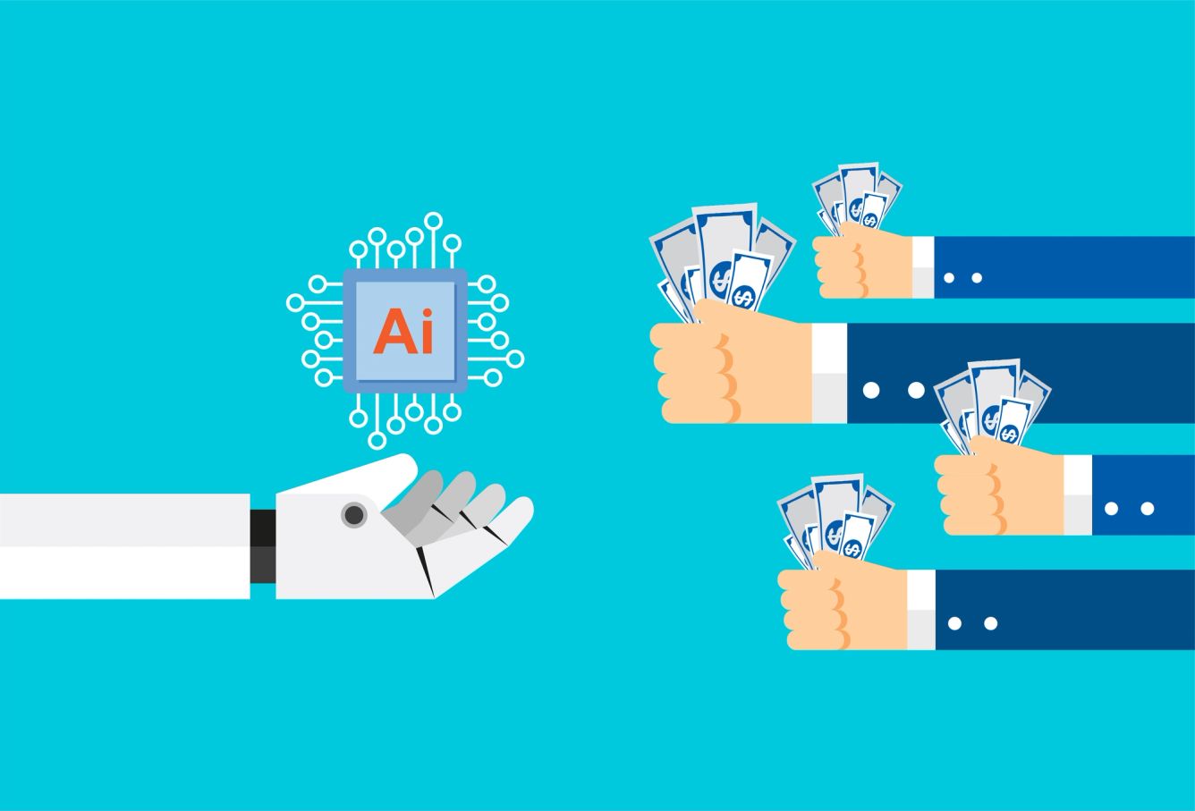 Illustration of three arms handing money to a robot hand with "AI" floating above it. 