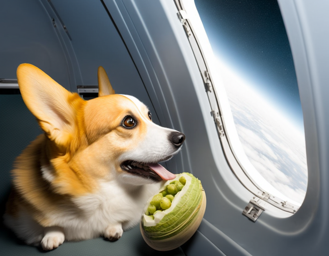 A corgi eats an avocado in space