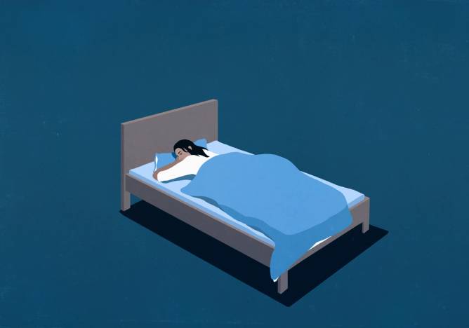 Illustration of a woman sleeping in a bed on a dark blue background. 