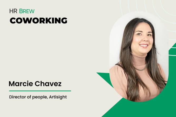 Image that says Coworking with HR Brew Marcie Chavez director of people, artisight next to a headshot of a woman in a brown sweater 